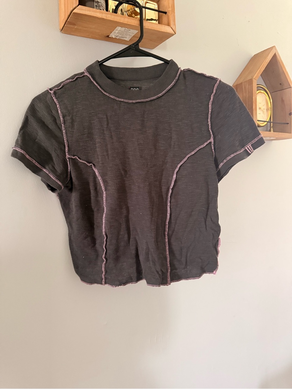 BDG Black Cropped Crewneck Top with Pink Contrast Stitching